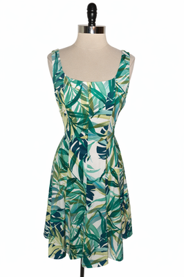 #ad NEW DRESSBARN Size 12 A Line Dress Teal White Blue Tropical Leaves Sleeveless $39.99