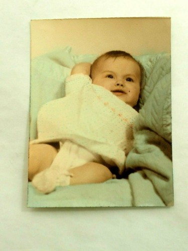 Smiling Little Baby Girl hand Colored Tinted 3 x 4" circa 1950 - Picture 2 of 5