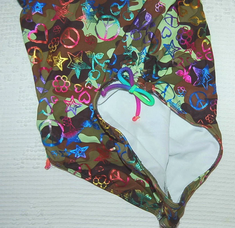 GIRLS Ocean Pacific 1 Pc SWIMSUIT XL 14-16 NEON Camouflage Rainbow PEACE Hearts - Image 3 of 3