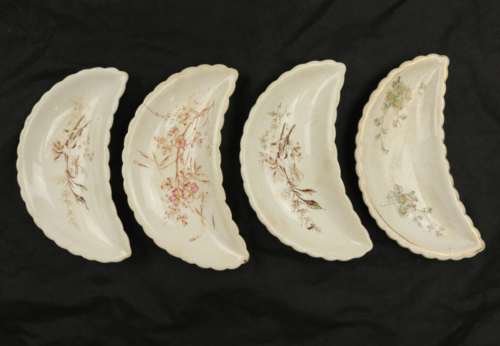 Lot of 4 Vintage 1930's Floral Crescent Moon Bone Plate Dishes - Afbeelding 1 van 3