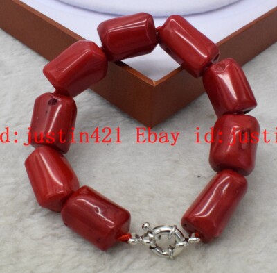 Rare Huge 12-14mm Red Coral Cylinder Gemstone Bracelet 7.5'' AAA++