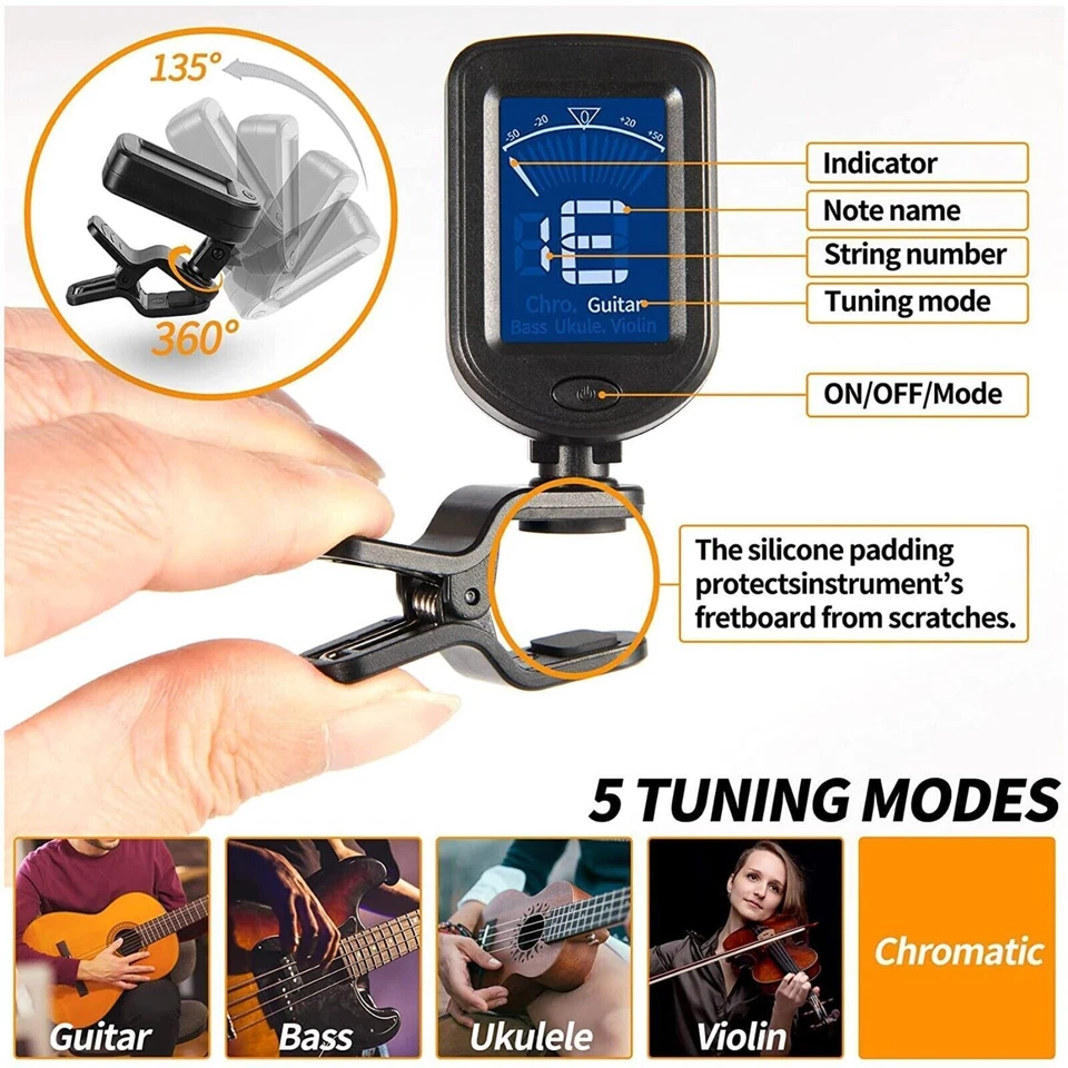 LCD Clip On Chromatic Acoustic Electric Guitar Bass Ukulele Banjo Violin Tuner - Image 4 of 4