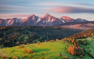 Landscape nature morning mountains snowy peak forest Custom Gaming Mat Desk