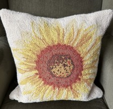 Wool Needlepoint Sunflower Cottage Pillow W Ivory Cotton Velvet Back Zipper