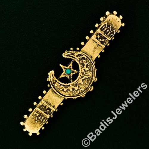 Vintage Victorian Revival 14K Gold Turquoise Crescent & Star Bar Pin Brooch - Picture 2 of 5