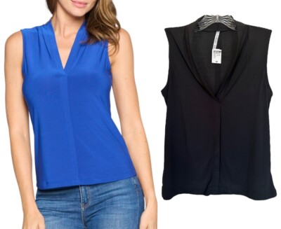 DNA COUTUR Women's Sleeveless Tank Blouse Top Solid V-Neck Size M Black