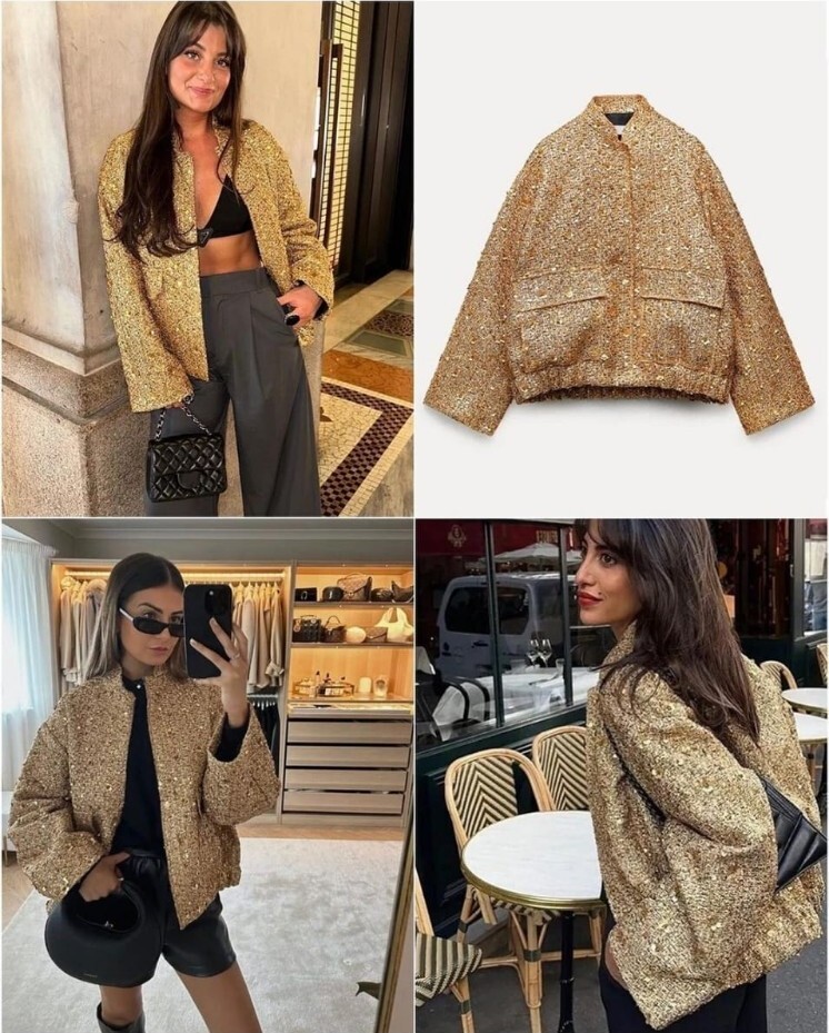 ZARA ZW COLLECTION Sz L SEQUIN JACKET GOLD ROUND NECK NEW