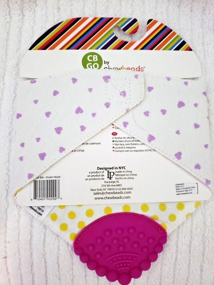 Babero baba de algodón para bebé con mordedor 100 % silicona corazones rayas rosas Foto 2 de 2