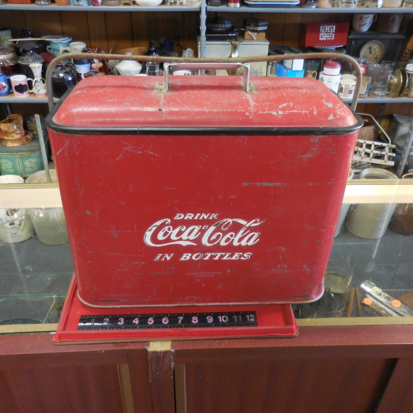 Vtg Drink COCA-COLA In Bottles Red Metal Cooler Made in USA 18 x 16 x 9"--nice