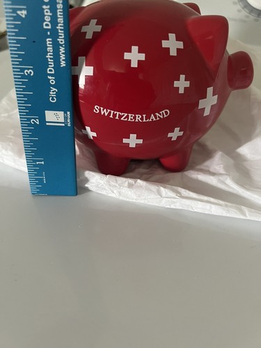 Schweiz rotes Sparschwein mit weißen Kreuzen Keramikmaterial mit Originalkarton - Bild 8 von 8
