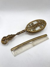 Antique Apolo 1920s 2 Piece Vanity Hair Brush Ornate Flowers Brass Brush Set