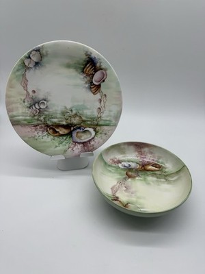 Antique Haviland Limoges France Hand Painted Sea Shell Plate And Bowl 1900's