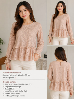 Padini Women's Lace Peplum Blouse L Beige Long Sleeve Round Neck Elegant Top