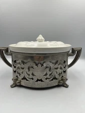 Antique Casserole Porcelain O.P.CO SYRACUSE w caddy Royal Rochester 3 pc. 1920's