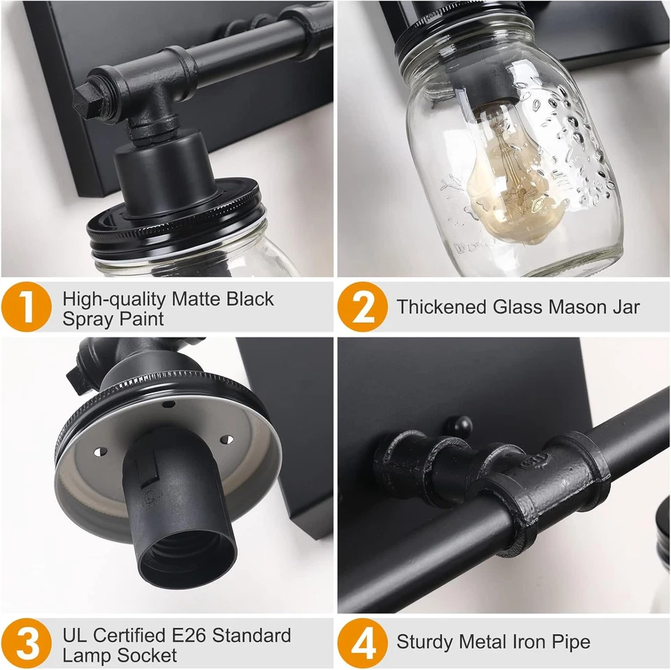 Lámpara de tocador de baño negra con 2 luces, granja industrial Foto 2 de 4