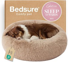 Large Dog Donut Washable Pet Bed 36in Camel Fluffy Faux Fur Anti-Slip Bottom