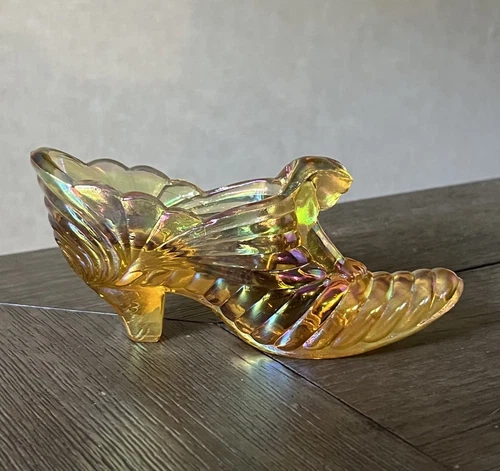 Vtg Fenton Amber Iridescent Carnival Glass Cat Shoe w/ Original Label Stampted