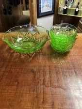 Vintage Hazel Atlas Green Uranium Glass Chip And Dip Set (5) Small (1) Lg Bowls 