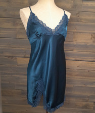 Chemis Dress Lingerie Womens M Teal Blue Liquid Satin Lace Babydoll Nightie