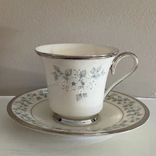 VTG Lenox China "Windsong" Teacup & Saucer, Blue, White, Floral, Silver