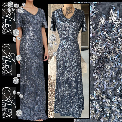Alex Evenings V-Neck Sequin Dress with Cold Shoulder Flutter Sleeves Size 16 NWT