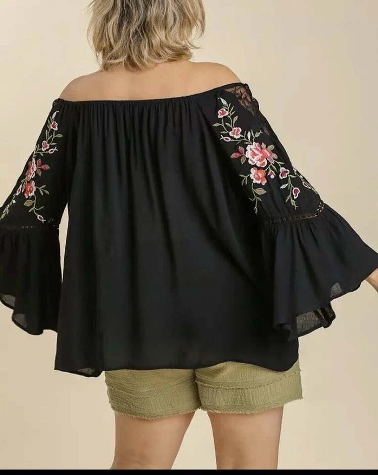 Blusa Camisa Umgee Talla Med Boho Gitana Hombro Descubierto Encaje Bordado Manga Campana Foto 3 de 4