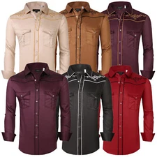 Western Mens Shirt Floral Embroidery Country Rodeo Dress Pockets Snap Up Fashion