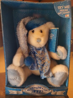 Vtg Musical Plush Bear Dan Dee 2000 Limited Ed White Blue 14'' Peace Love Joy