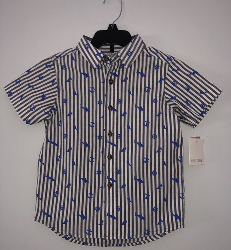 NWT! Boys Short-Sleeve button-up Striped Sailor Shirt Boys Sz XS 5 Blue Gray - Picture 2 of 11