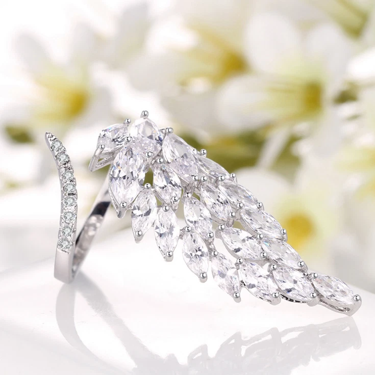 Anillo ajustable pluma ala de ángel grande para mujer oro blanco circonita cúbica PE37 Foto 4 de 4