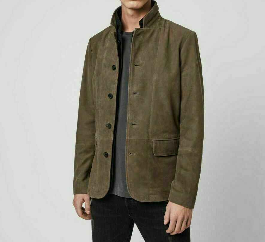 Men's Green Suede Blazer Genuine Leather Button Fastening Coat Classic  Jacket US