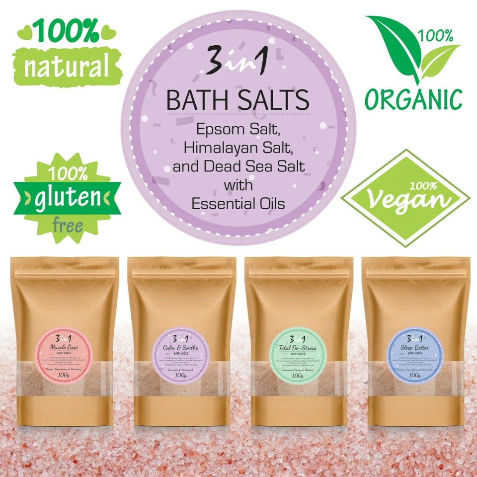 PURE SOURCE NUTRITION 3in1 Sceneted Bath Salts Salt Soak Epsom Salts Himalayan Pink Dead Sea Salt 100g