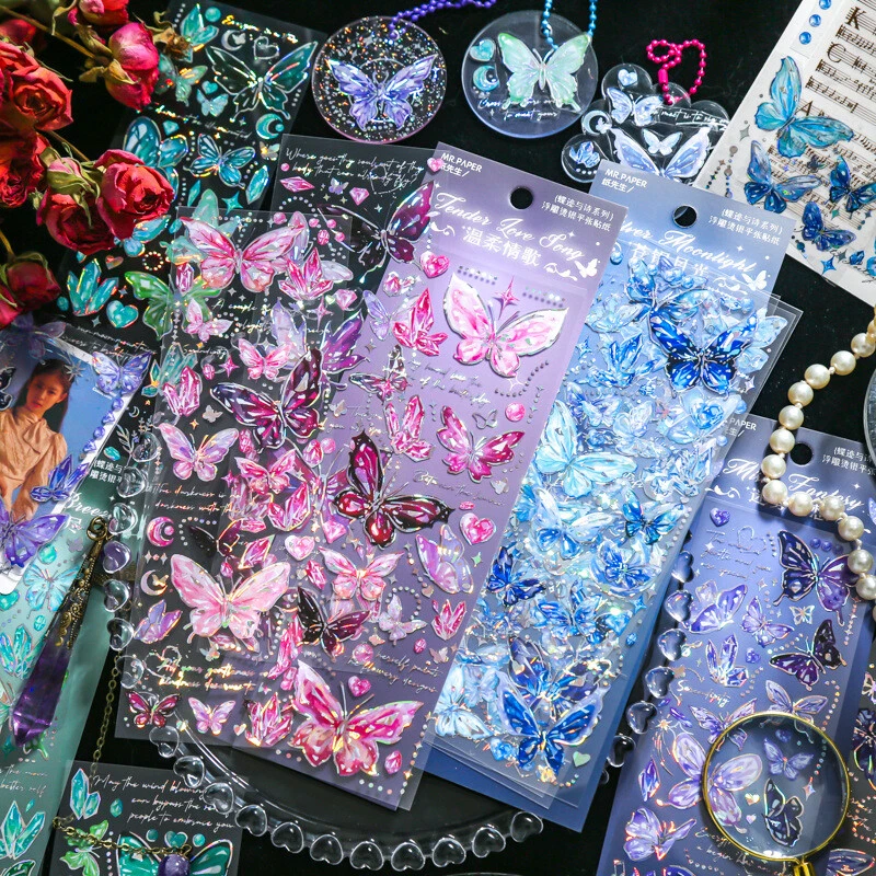 Juego de 3 pegatinas estuche taza diario mariposa estampado holográfico láser estampado en relieve Foto 4 de 4