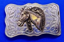Horse Head Inside Lucky Horseshoe Leaf Flower Engraved Western Small Belt Buckle