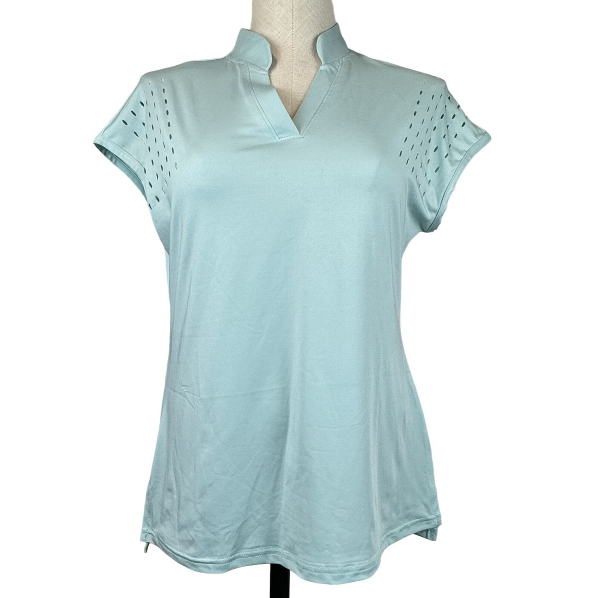 Tanmolo Womens Mint Green V-Neck Activewear Top Perforated Cap