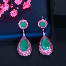 Pave Hot Pink Green CZ Long Dangle Drop Earrings for Brides 925 Silver Jewelry