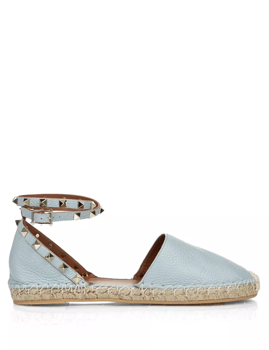 Valentino Rockstud textured leather ankle-wrap espadrille flat sandal IT 39 9 | eBay