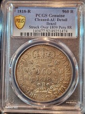 1818-R Brazil 960 Reis PCGS AU Mald-443.01 Struck Over 1809 Peru 8R (Beautiful)
