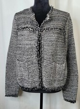 Chicos Black And White Open Front Tweed Fringe Cardigan Business Blazer Sz 2