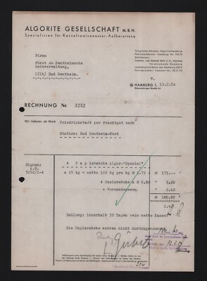 Hamburg, invoice 1954, Algorite GmbH boiler feed water treatment