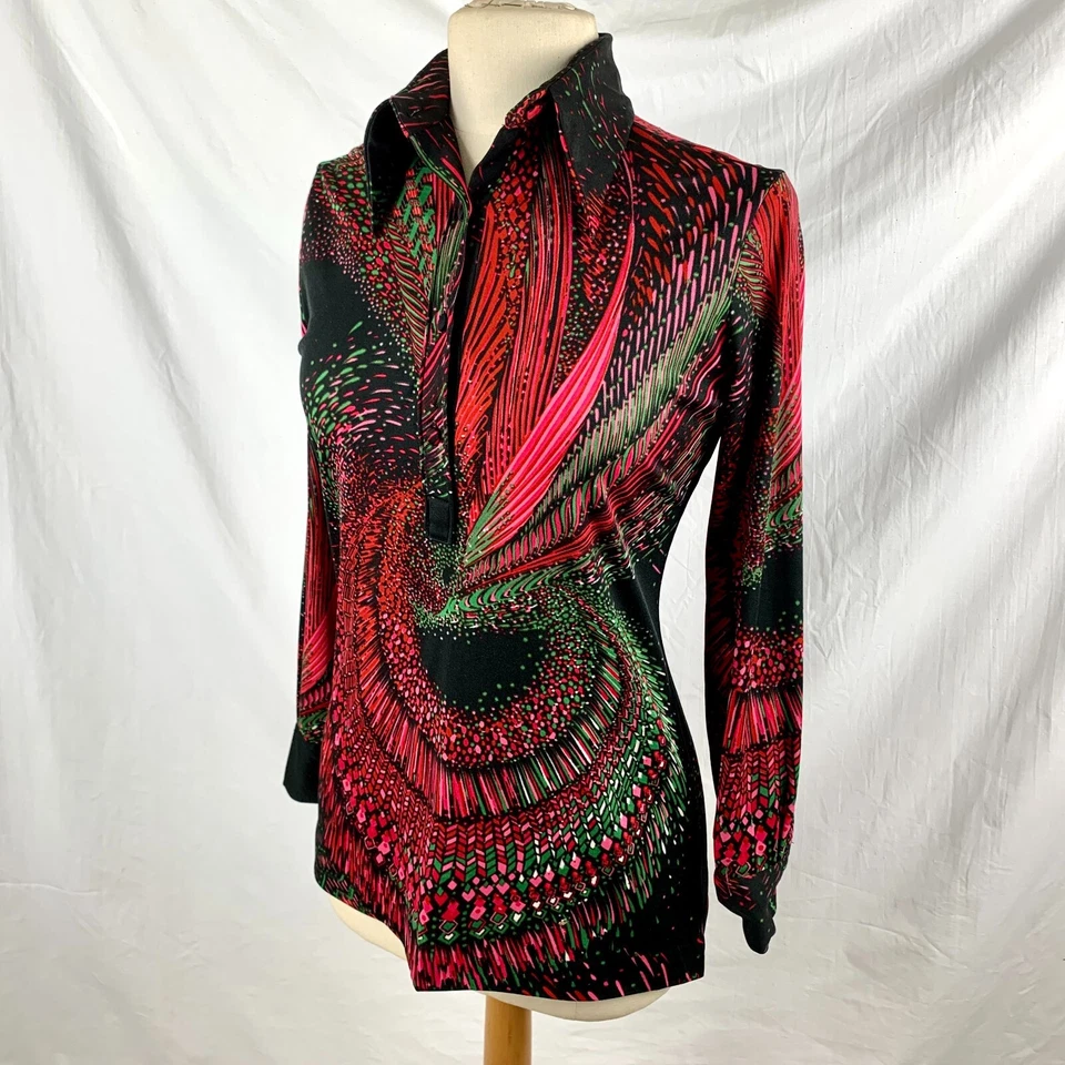 Top Lanvin Psicodélicos Años 70 Talla 10 Poliéster Manga Larga Cuello Punta Excelente Foto 2 de 4