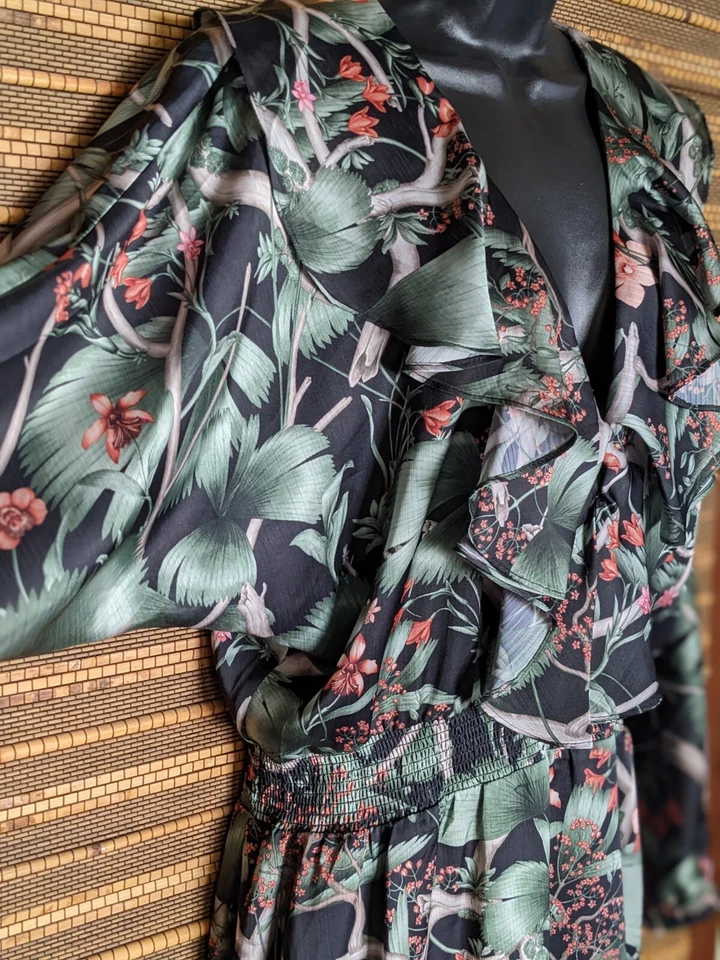 New Johanna Ortiz H&M Womens M 8/10 Floral Dark Green Satin Ruffle Smocked Dress - Image 3 of 4