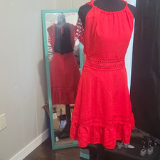 SHEIN Red Crochet Lace Open Back Tie Round Neck Sleeveless Mini Dress L