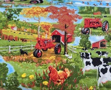 Farmall Tractor Farm Fabric By The Yard Dairy Cow Red Barn Chicken 100 Cotton