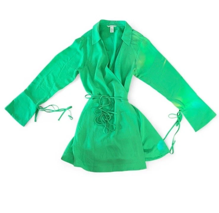 Neon Green Wrap Dress Women’s Size M V Neck Long Sleeve - Image 4 of 4