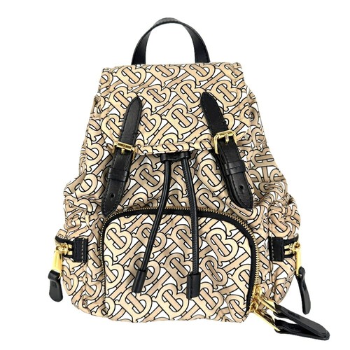 Burberry TB Monogram Backpack Nylon Leather Beige White Black Womens Gold