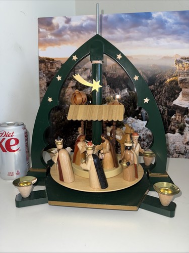 Large German Erzgebirge Green Nativity  Carousel Pyramid, Rare