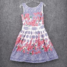 Talbots Dress Womens 2 Blue Pleated Fit & Flare Sleeveless Floral Zip Back Lined