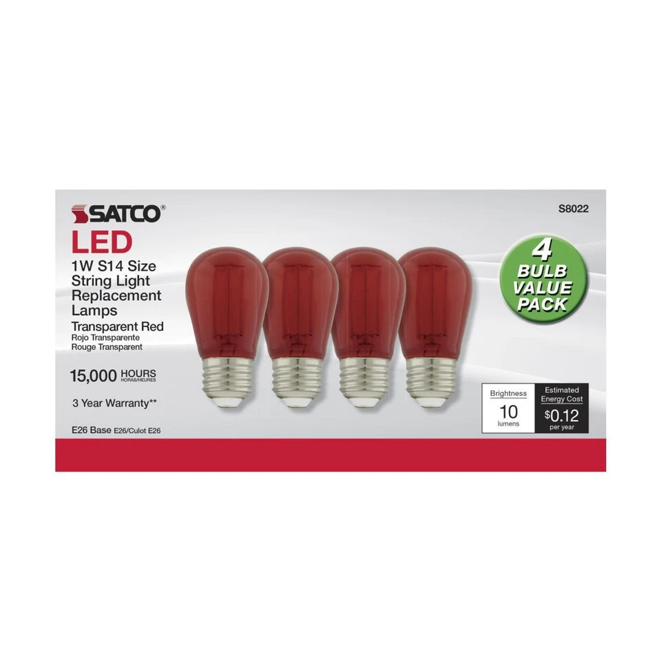 Satco S8022 / 8024  - 1W LED S14 Christmas Color String Light Bulbs (2) 4 Packs - Image 2 of 4