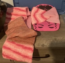 Twist Headband for Women hand knit color pink with matching hand knit scarf